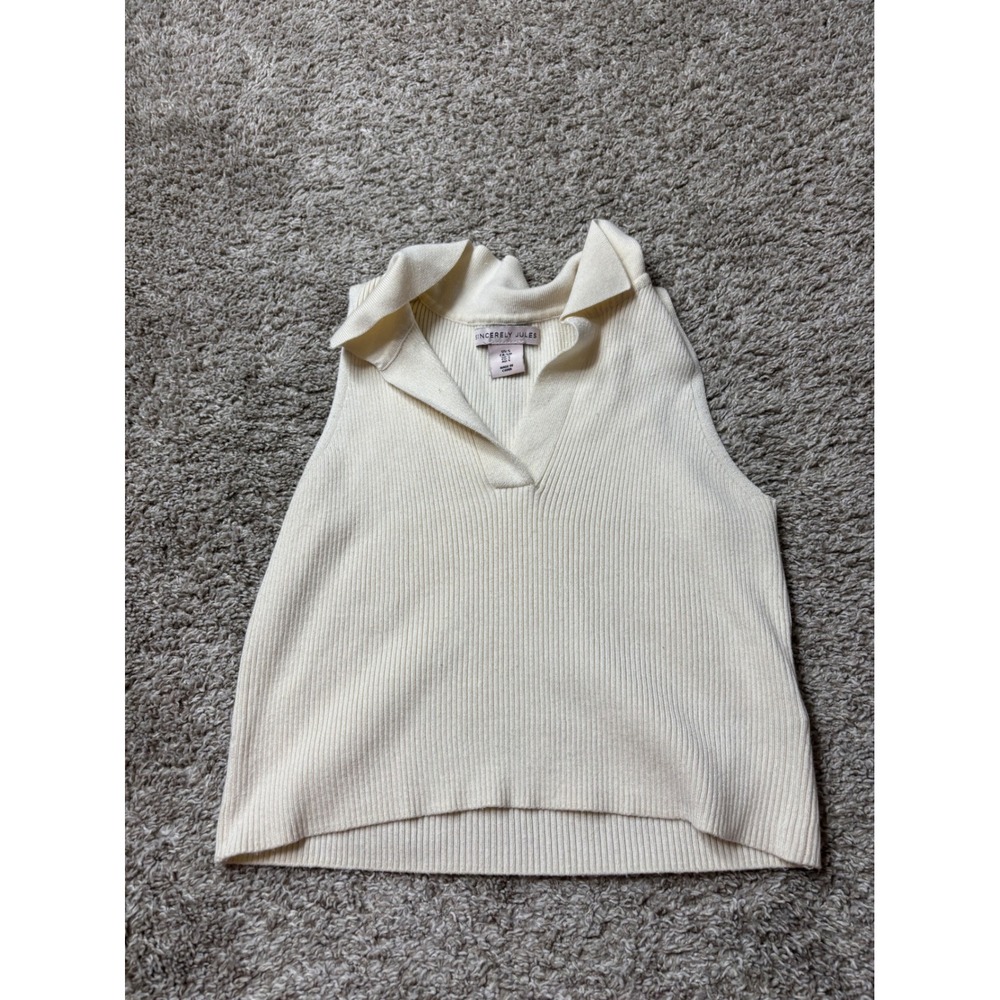 Sincerely Jules Ribbed Sleeveless Polo Sweater Vest Cream Ivory Small